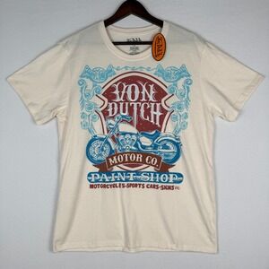 NEW Von Dutch Motor Co Paint Shop Motorcycles Embroidered T-Shirt Mens L Cream